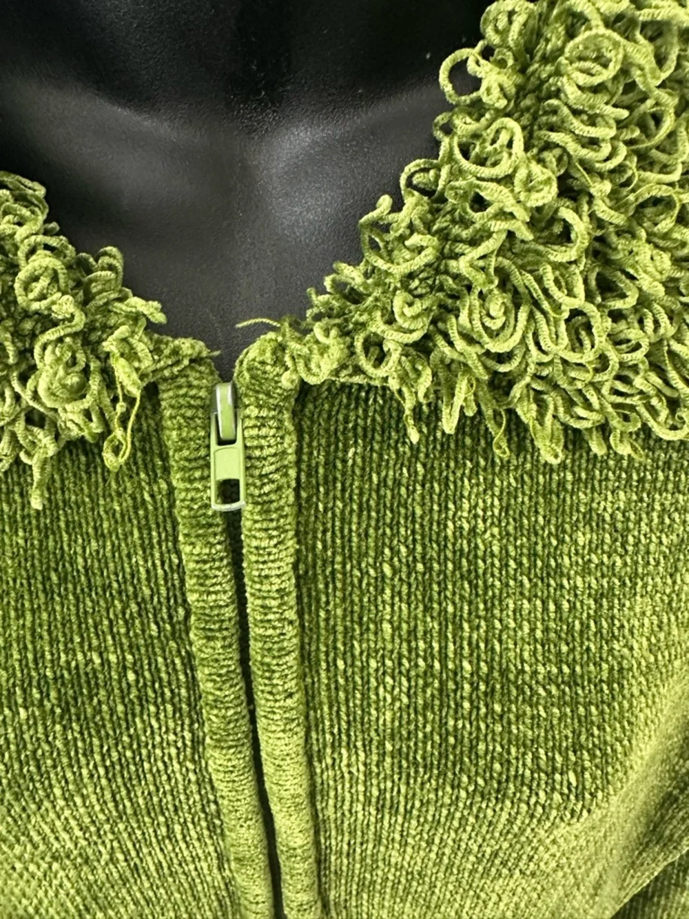 Lisa international Green Chenille‎ Zip Cardigan with Textured Collar & Pockets